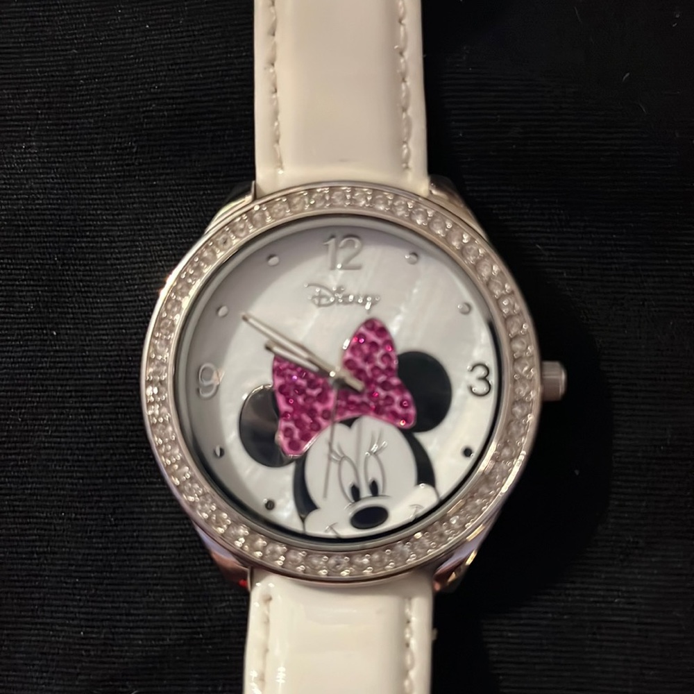 White Minnie Mouse watch Genuine Leather Band Jewels